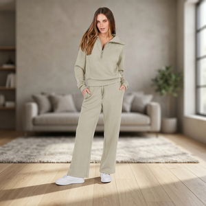 Women 2 Piece <b>Knitted</b> <b>Set</b> Solid Color Stand Collar Zipper Long Sleeve Regular Fit Casual Wear Full Length Polyester/Cotton Pants - Product Image 6