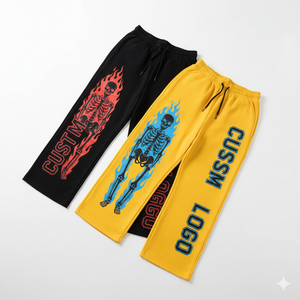 Pantalones Deportivos Personalizados para Hombre con Estampado de Llamas y Esqueleto, Cintura Elástica con Cordón, Casuales, 100% Algodón, Peso Medio, para Otoño - Product Image 2