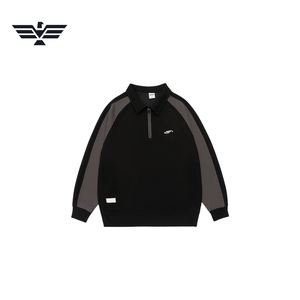 Sudadera de poliéster para hombre, negra, con bloques de color, manga raglán, media cremallera, antiarrugas, corte holgado informal, cuello vuelto, tipo jersey - Product Image 1