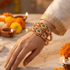 Brazaletes tradicionales de imitación de oro con rubí y esmeralda, joyería de diseño étnica para bodas, brazaletes antiguos para damas. - Product Image 2