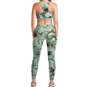 Women Gray Abstract Print Racerback Sports Bra Full Length Leggings Set Breathable Spandex Polyester Gym Wear - Product Image 4