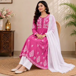 Kurti droit en coton rose brodé à la main style Lucknowi Chikankari, tunique ethnique simple et élégante pour femme - Product Image 2