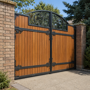 Puerta de Entrada Principal Decorativa de Hierro Forjado y Madera con Arco para Seguridad del Límite de la Propiedad de una Villa - Product Image 2