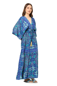 Vestido de mujer de poliéster con estampado floral, azul, con mangas acampanadas, cuello en V, informal, cómodo para el verano, estilo occidental con volantes. - Product Image 6
