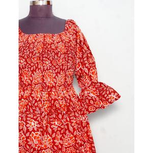 Summer Maxi Dress <b>bell</b> Sleeves Multi Color Cotton Belt Modest Vibe square Neck Digital Printed Sweet Natural waist dress - Product Image 2