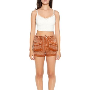 Shorts en jean taille haute pour femme, couleur corail unie, cinq poches, fermeture boutonnée, style décontracté, finition délavée au sable - Product Image 6