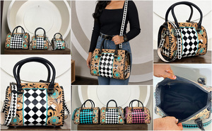 Bolso de Hombro de Cuero Vacuno Repujado a Mano de Primera Calidad 2026, Estilo Occidental con Paneles a Cuadros y Diseño Floral Tallado - Product Image 3