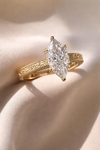 Anillo de compromiso y boda de oro amarillo Art Déco con diamante marquesa holandesa de laboratorio de 2 CT, engaste de tensión, certificado IGI, grabado - Product Image 3