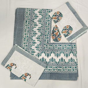 Parure de draps de luxe en coton respirant et durable, imprimée à la main au Jodhpur, motif floral vert et blanc, taille King Size, vente en gros - Product Image 1