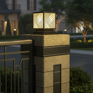 Lampe de poteau LED de luxe à motif ondulé, lanterne extérieure en acier noir de 8 pouces pour villa, lampe de colonne d'entrée blanc chaud AC 220V - Product Image 4