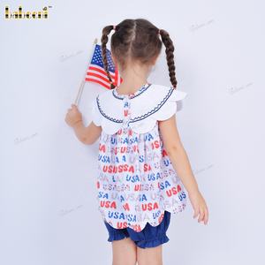 Floral-Accent Independence Day Dress Set ODM OEM al por mayor fruncido niños mameluco niño ropa-DR4265 - Product Image 5