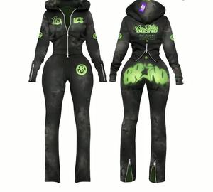 Women Vintage Breathable Lightweight <b>Camouflage</b> <b>Tracksuit</b> Set Full Sleeve Hooded Elastic Waist Zipper Front Split Hem Streetwear - Product Image 1