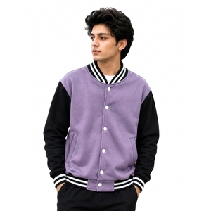 Chaqueta Varsity de Gamuza Morada para Hombre, Mangas Negras, Estilo Casual para Otoño, Cuello Camisero, Corte Regular - Product Image 1