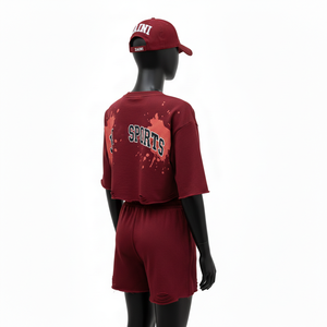 Conjunto de Top Corto y Pantalones Cortos para Mujer, Felpa de Algodón Grueso de 280 GSM, Color Granate Suave, Estampado Desgastado, Logotipo Bordado - Product Image 5