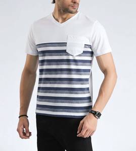 เสื้อยืดผู้ชายดีไซน์ใหม่ เสื้อยืดผู้ชายปากีสถาน เสื้อยืดคอวีลายทางแบบกำหนดเอง มีกระเป๋าเสื้อ ทรงพอดีตัว ผ้าฝ้ายนุ่ม สไตล์โมเดิร์นทันสมัย - Product Image 4