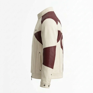 Chaqueta de Cuero y Lona con Parches Color Crema y Borgoña, Cuello Alto, Estilo Motociclista, para Hombre, Fabricante OEM - Product Image 4