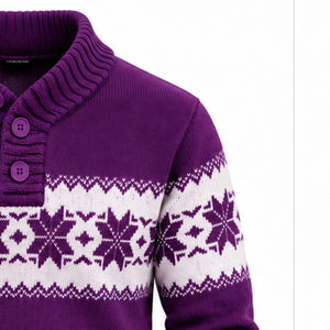 Suéter Morado para Hombre con Cuello Chalera, Diseño Nórdico de Copos de Nieve, Tejido Jacquard, Manga Larga, Jersey de Invierno, Personalizado, Talla XL - Product Image 3