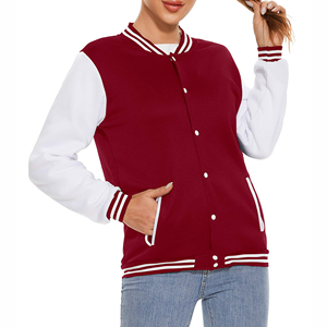 Women's Varsity Jacket Red White Contrast Sleeve Full Length Button Up Collar Regular Fit Autumn And Winter Wear Jacket - Product Image 5