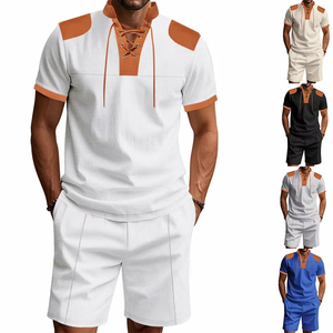 Men's Breathable Color Blocking Polo Shirt and <b>Shorts</b> Set Casual Summer Two Piece Outfit Knitted <b>Polyester</b> - Product Image 1