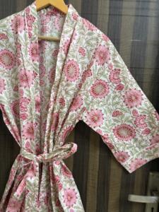 Bata Kimono de Algodón Rosa Floral para Mujer, Hecha a Mano, con Estampado Digital, Cuello en V, Cierre con Cordón, Transpirable, para Spa - Product Image 5