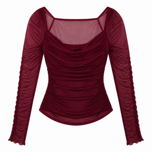 <b>Women's</b> Solid Gothic Ruched Knitted Chiffon Tank <b>Top</b> <b>Square</b> <b>Neck</b> Long Sleeve Sheer Statement Party Shirt Lightweight 120g OEM - Product Image 6