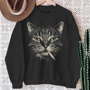 Sweat-shirt à capuche unisexe noir avec imprimé chat fumant une cigarette, décontracté, avec poche, coupe classique, pour l'automne, 100% coton molletonné - Product Image 1