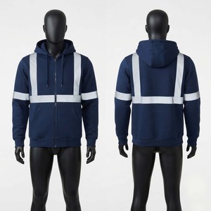 Veste de travail longue en molleton 100 % coton 330 GSM de qualité supérieure, marine, avec bandes réfléchissantes, capuche et fermeture éclair intégrale, personnalisable avec logo, pour la sécurité au travail - Product Image 1