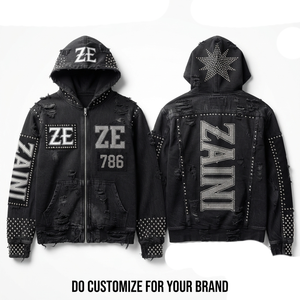 Option 3 — 97 characters Premium 320 GSM Acid Wash <b>Denim</b> Hoodie Black Distressed Studded Rhinestone Custom Logo Zip <b>Jacket</b> - Product Image 1