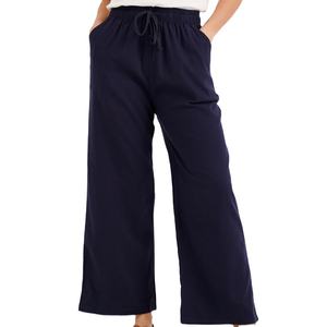 2023 femmes meilleure qualité respirant décontracté coton lin haut pantalon élastique couleur unie jambe large mi plat Design pour l'été - Product Image 1