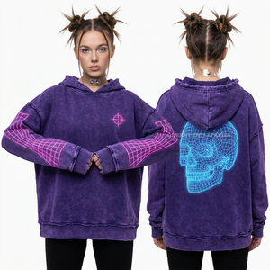 Sudadera con Capucha Azul Eléctrico de 500GSM para Mujer, Diseño Gráfico de Calavera Cibernética, Estilo Desgarrado y Roto, Streetwear Urbano - Product Image 2