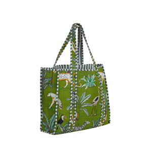 Sac fourre-tout en coton matelassé réversible fait main, écologique, style bohème, imprimé animaux de la jungle, poignées rayées, pour le shopping toutes saisons - Product Image 1