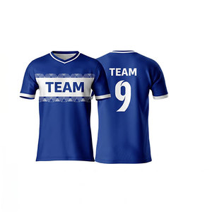 Maillot de football d'équipe pour homme, col en V, manches courtes, bleu et blanc, sublimé, anti-transpiration, coupe classique, adulte, toutes saisons - Product Image 1