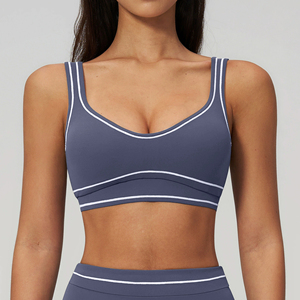 Women's Scoop Neck Sports <b>Bra</b> Solid Navy <b>Blue</b> Double Layer Strap Breathable Medium Support Yoga Seamless Spandex Polyester - Product Image 3