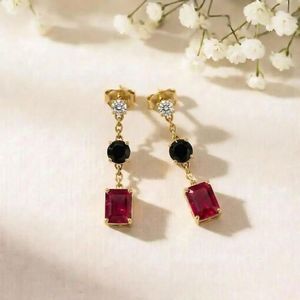 Ruby & <b>Black</b> Obsidian <b>Earrings</b> Rectangle Cut Drop Dangle CZ Accent <b>Stud</b> <b>Earrings</b> Minimalist Jewelry Gift For Her Elegant Style - Product Image 6