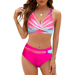 Conjunto de bikini de color degradado para mujer, top push-up con cuello halter cruzado, parte inferior de cintura alta, traje de baño elástico con diseño retorcido - Product Image 1