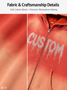 Distressed <b>Zip</b> up Hoodie High Street Vintage Fashion Cotton Custom Screen Printing Oversize Acid Wash Hoodie Rhinestones Logo - Product Image 3