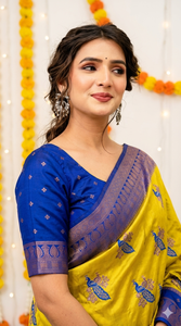 Sari de Seda Amarillo y Azul de AARA Fashion con Diseño Estampado, Traje Tradicional de Boda para Mujer, Estilo India-Pakistán, Largo hasta el Suelo, Corte Regular - Product Image 4