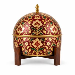 Cazuela redonda azul tradicional árabe meenakari con tapa con diseño floral dorado y soporte de madera - Product Image 4