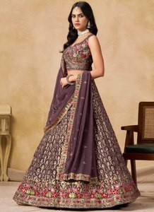 Wholesale Indian Women Dark Purple Mauve Georgette <b>Lehenga</b> Choli Gold Sequins Embroidered <b>Skirt</b> Crop Top Dupatta Set - Product Image 2