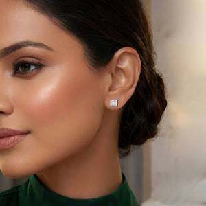Princess Cut Diamond <b>Stud</b> Earrings Women's Luxury Geometric Halo Design Claw Setting Fine Jewelry <b>Stud</b> Earrings - Product Image 2