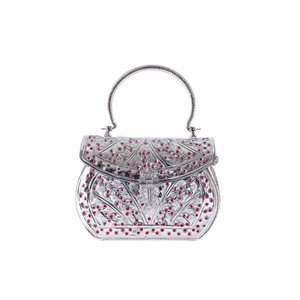 Sac de soirée en métal argenté gravé à la main avec pierres rouges rubis et motif de vigne, poignée supérieure perlée, sac de mariée - Product Image 2