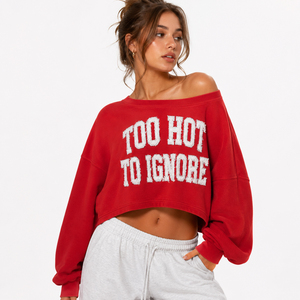Sweat-shirt court oversize pour femme, coupe épaules dénudées, effet usé, broderie lettres, 380 GSM - Product Image 1