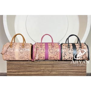 New Handcrafted Western Hand Tooled Leather Speedy Duffle Bag Floral Carved <b>Genuine</b> Cowhide Leather Crossbody Purse for Women's - Product Image 1
