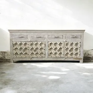 Buffet en bois indien recyclé, armoire de rangement à quatre portes, tiroirs, meuble TV artisanal pour salon, salle à manger, chambre - Product Image 2