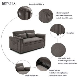 Divano Letto Convertibile da 55 Pollici con Schienale Regolabile, Porte USB, Due Tasche Laterali, Divano Estraibile in Velluto a Due Posti - Product Image 6
