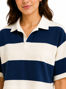 Camiseta de Rugby Corta para Mujer Livster, Corte Regular, Jersey a Rayas, Transpirable, Manga Corta, Cuello Redondo, Casual, Azul Marino y Blanco - Product Image 4