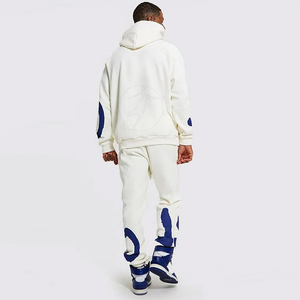 Survêtement blanc à capuche pour homme, imprimé color block bleu, coupe droite longue, 100 % coton, streetwear, sweat-shirt et pantalon de maternité - Product Image 5