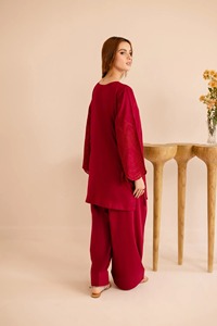 Salwar Kameez en coton bordeaux pour femme, coupe ample, longueur standard, design moderne, tenue ethnique style Inde Pakistan, décontracté, pour fêtes, infroissable - Product Image 2