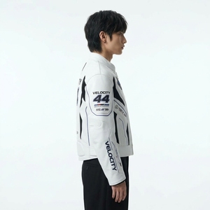 Velocity 44 Men's Motorcycle Jacket White Stand Collar Zipper Breathable Moto <b>Biker</b> Style <b>Patch</b> Designs - Product Image 3