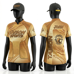 เสื้อเจอร์ซีย์กีฬาผู้หญิง 180 GSM ผ้าโพลีถัก ระบายความชื้น สีทรายทอง แต่งแผงผ้าแบบแอธเลติก ปักลายแบบกำหนดเอง โลโก้แบบซับลิเมชั่น - Product Image 1